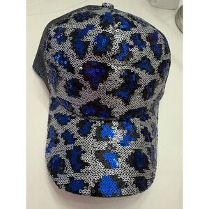 Sequin Leopard Print Baseball Cap‎ Women's Adjustable Blue Silver Sparkly NWOT
